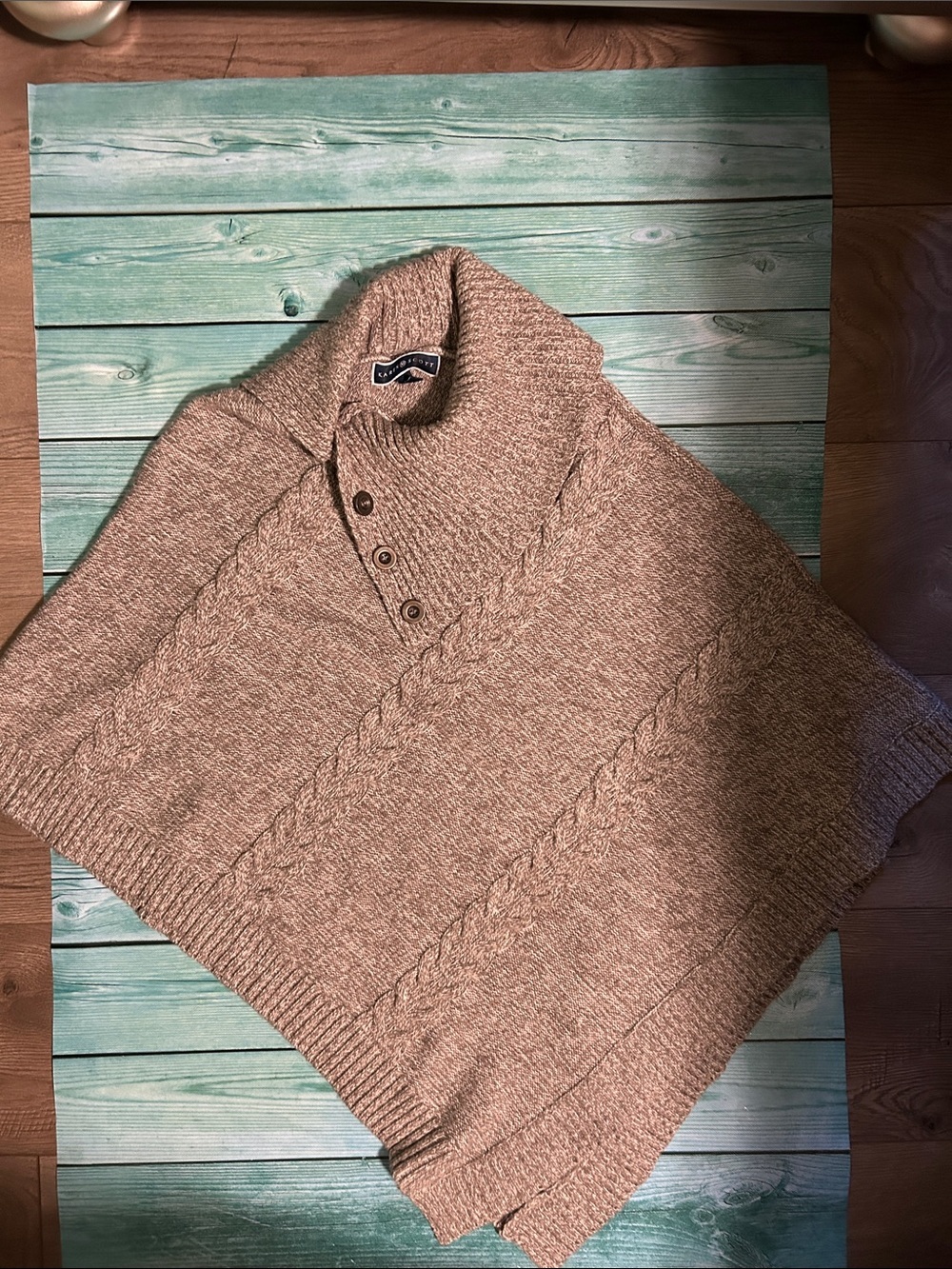 Karen Scott Taupe Cable-Knit Shawl Poncho
